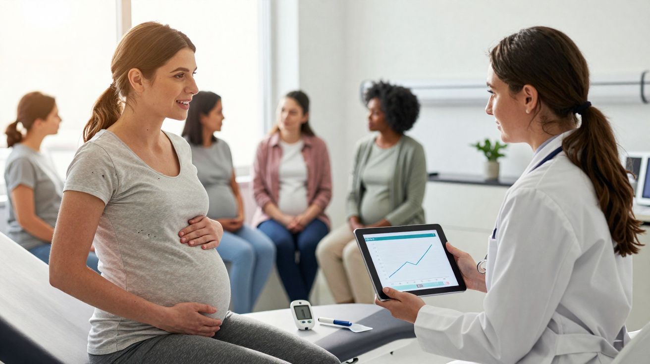 Grávida em consulta médica com profissional a mostrar gráfico num tablet, outras grávidas sentadas ao fundo.