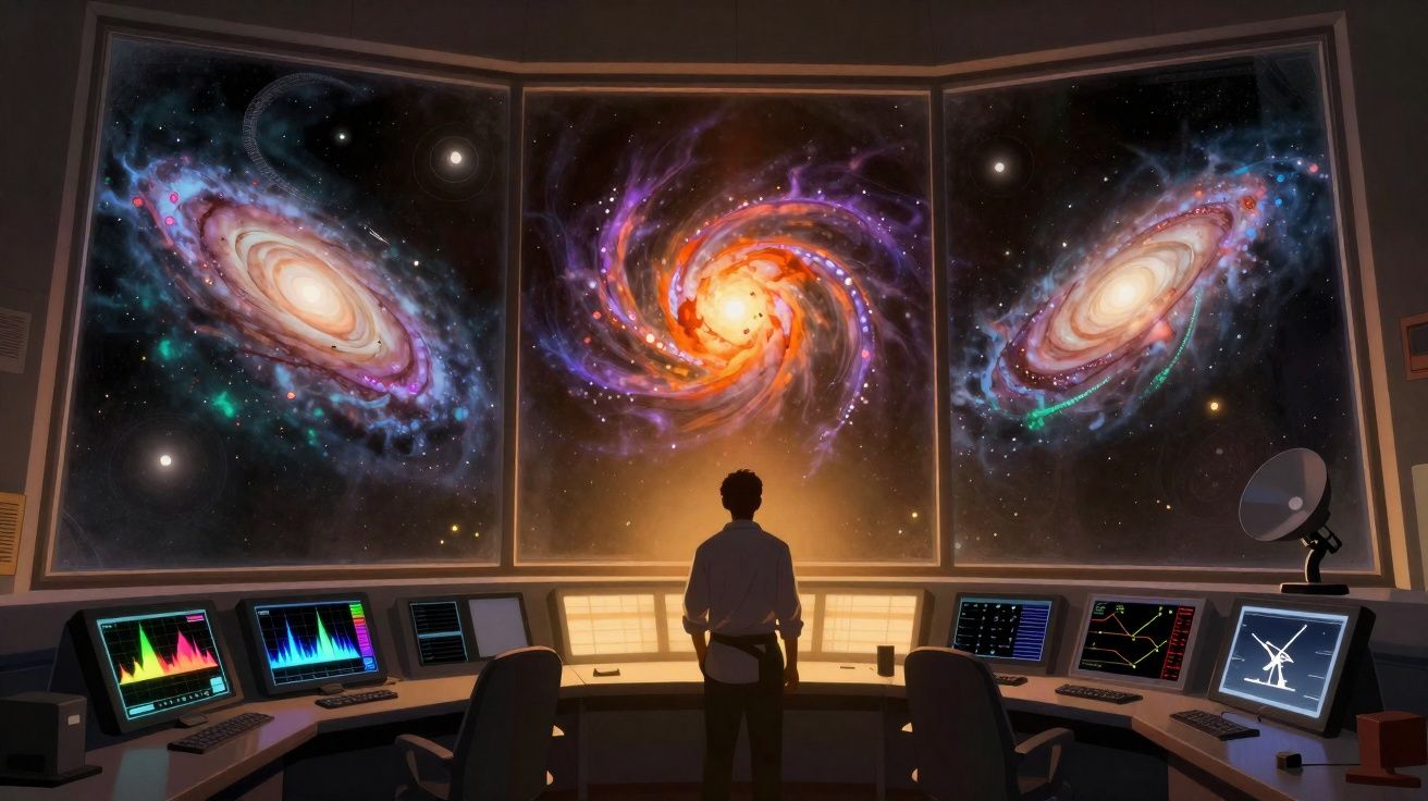 Pessoa observa galáxias coloridas em grande ecrã numa sala de controlo com vários computadores.