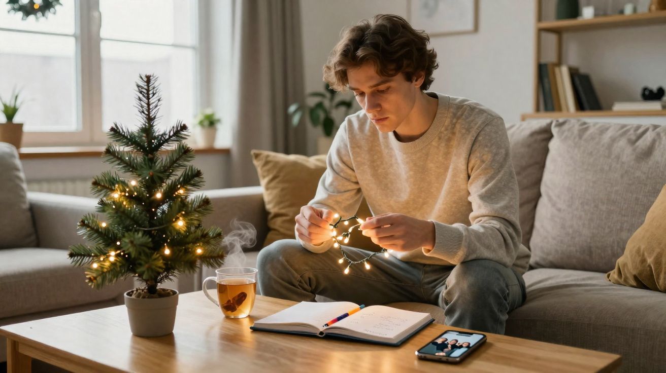 Homem sentado no sofá a preparar luzes de Natal junto a uma mini árvore decorada e uma chávena de chá na mesa.