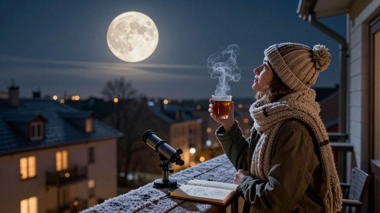 Mulher de gorro e cachecol observa a lua cheia enquanto bebe chá quente numa varanda à noite.