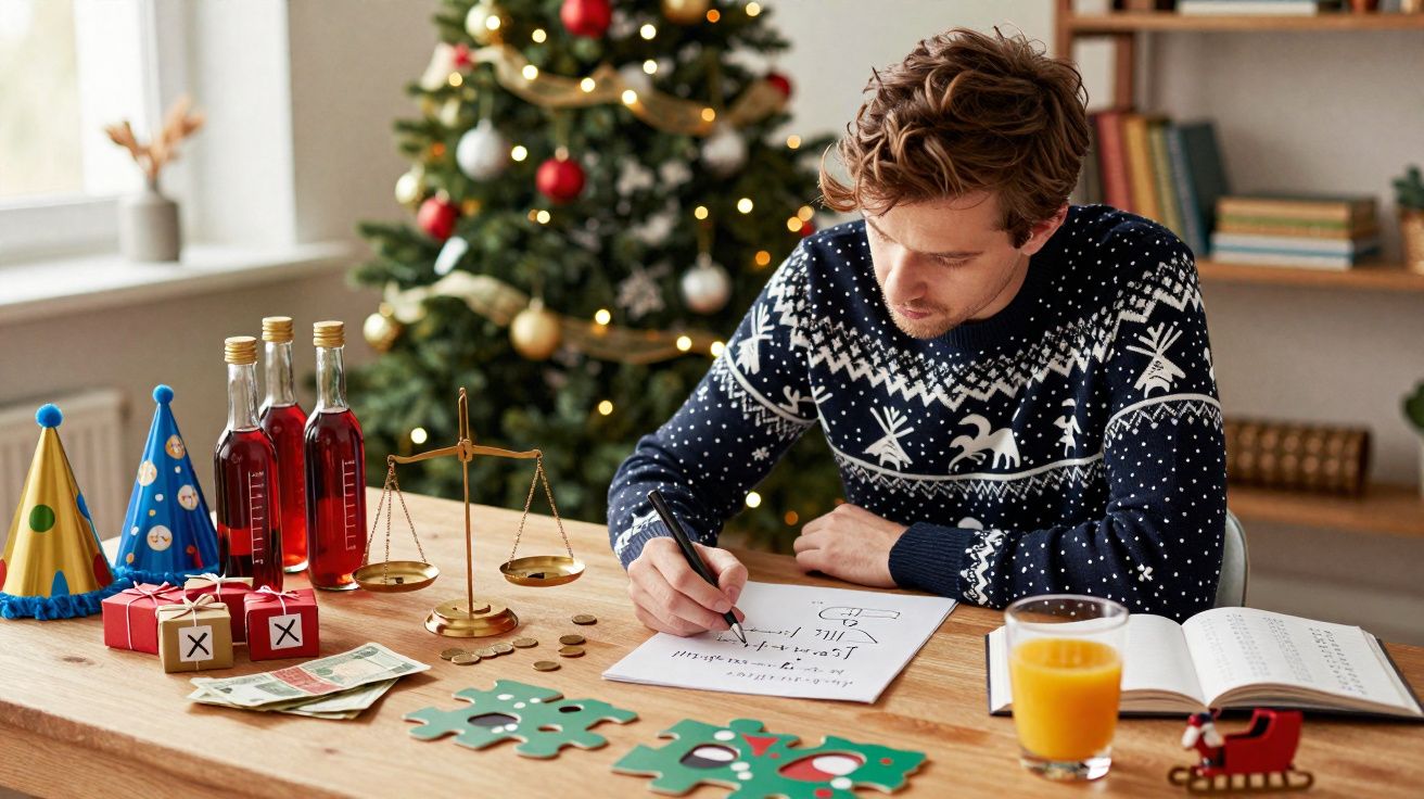 Homem com camisola de Natal a fazer contas numa mesa com presentes e decoração festiva ao fundo.