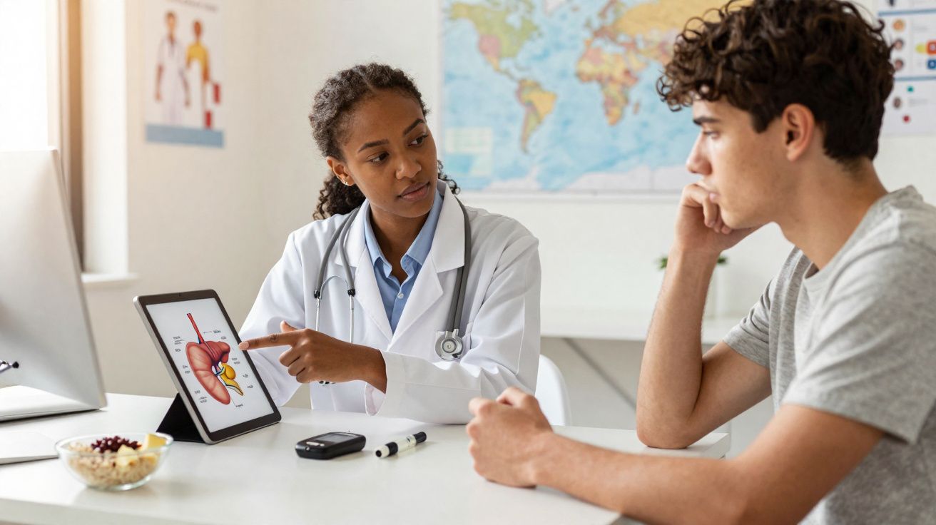 Médica explica a um paciente o funcionamento do fígado numa consulta com tablet na mesa.