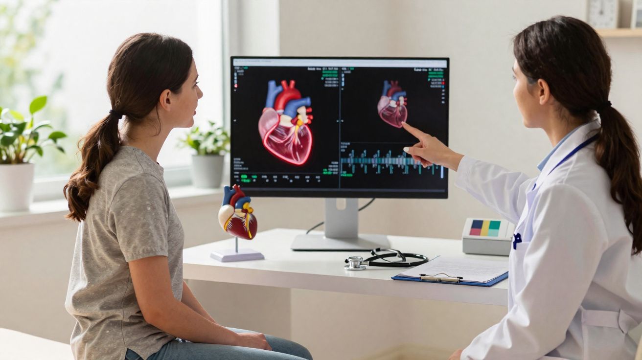 Médica explica a uma paciente informação sobre o coração mostrada em dois ecrãs num consultório.