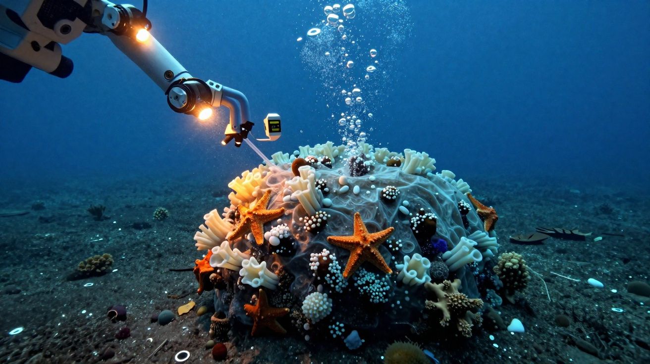 Braço robótico subaquático a examinar um recife artificial com estrelas-do-mar e corais no fundo do oceano.