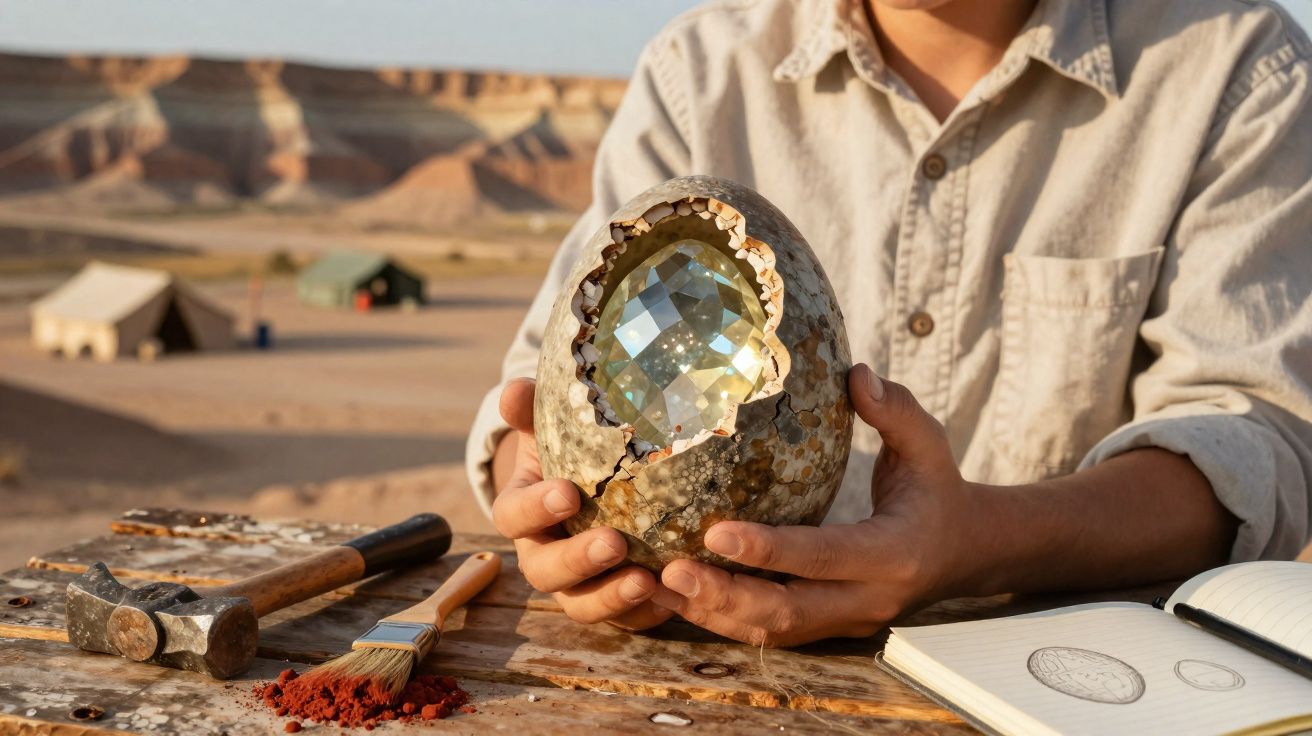 Pessoa a segurar um ovo partido com gema facetada brilhante, ferramentas e caderno numa mesa ao ar livre.