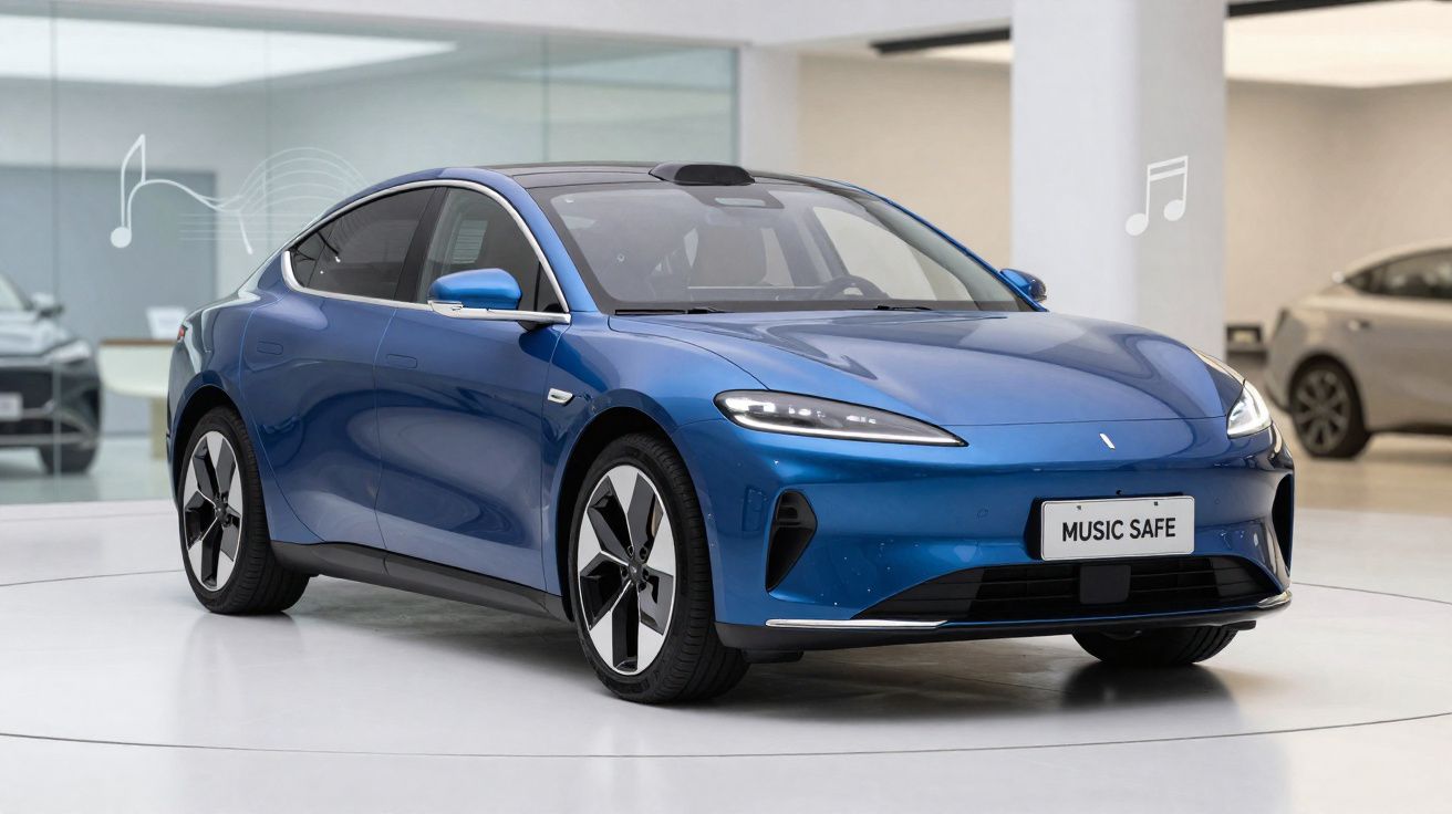 Carro elétrico azul moderno num showroom com notas musicais a flutuar ao lado.