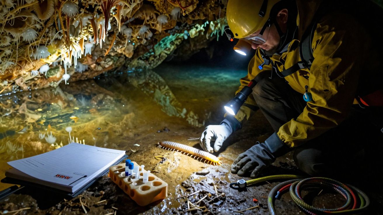 Espeleólogo com capacete e lanterna examina um centopeia numa caverna com estalactites e material de estudo.