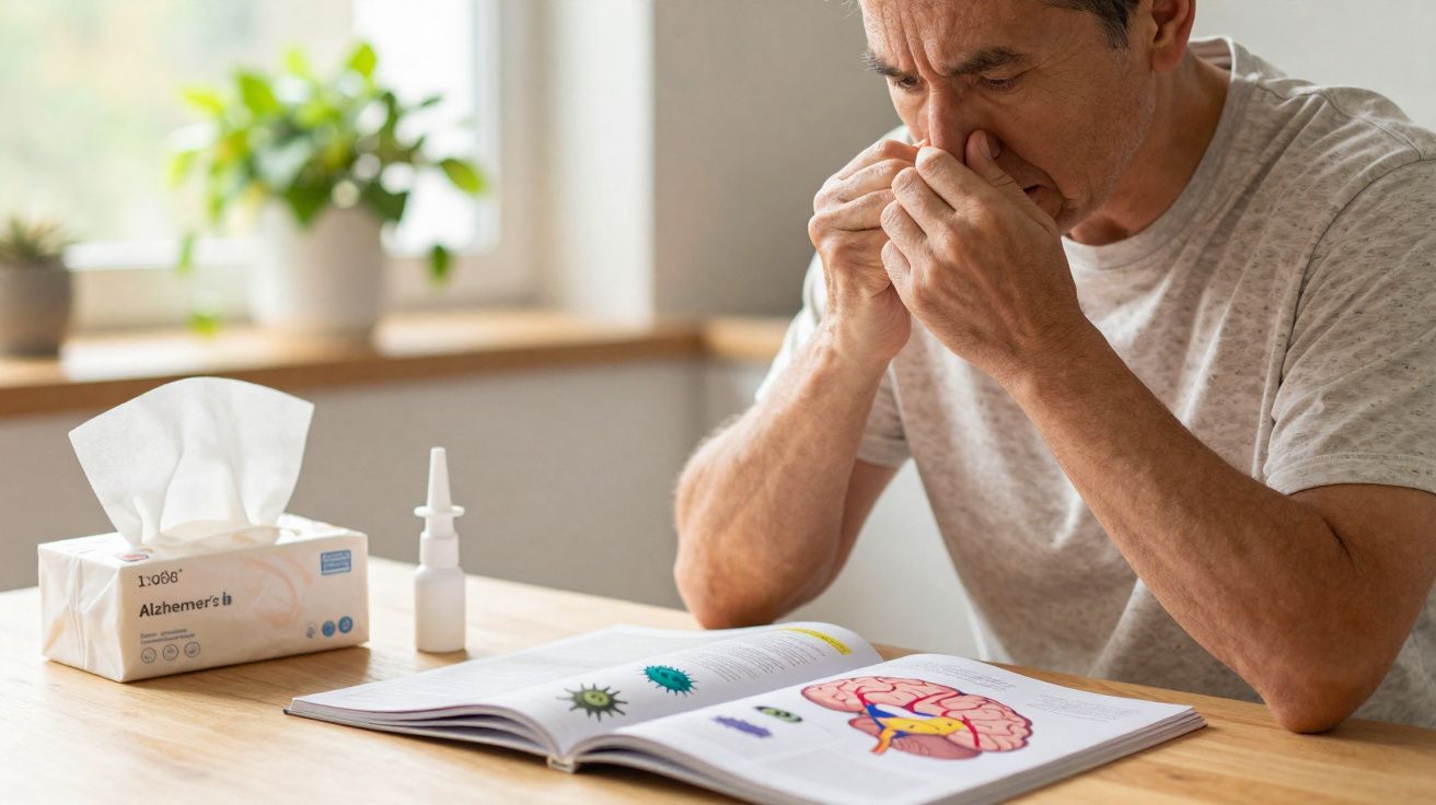 Homem com expressão preocupada senta-se a ler livro sobre cérebro com caixa de lenços e spray nasal numa mesa.