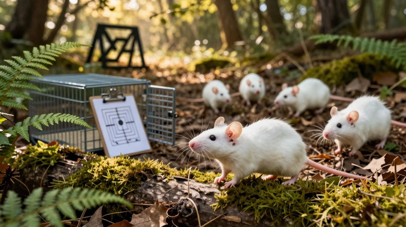 Grupo de ratos brancos no chão da floresta com armadilha metálica ao fundo.