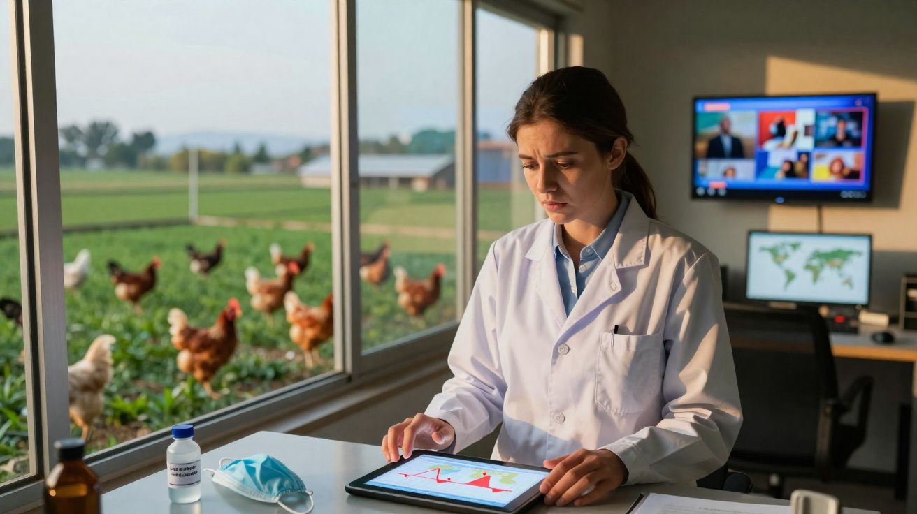 Mulher cientista em laboratório com tablet, máscara e frascos, com galinhas visíveis pela janela.