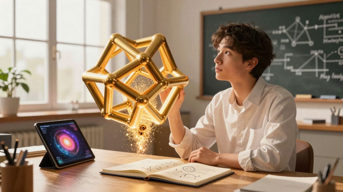 Jovem estudando matemática com tabela holográfica dourada, tablet com galáxia e quadro com fórmulas na sala de aula.