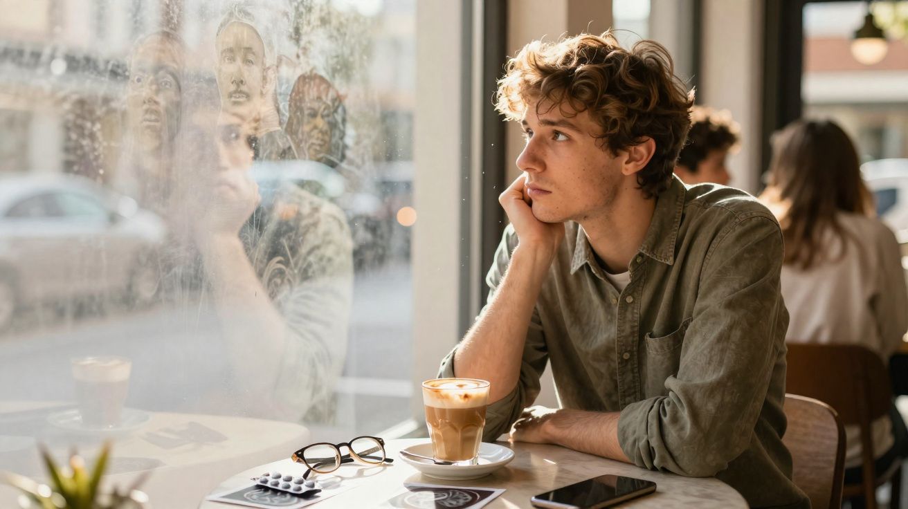 Jovem sentado num café, olhando pela janela com uma chávena de café à sua frente.