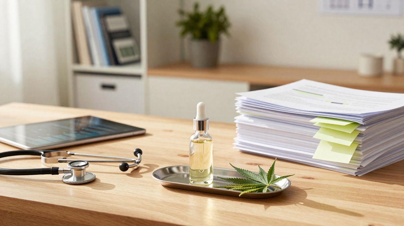 Mesa com estetoscópio, tablet, pilha de documentos, folha de cannabis e frasco de óleo com conta-gotas.