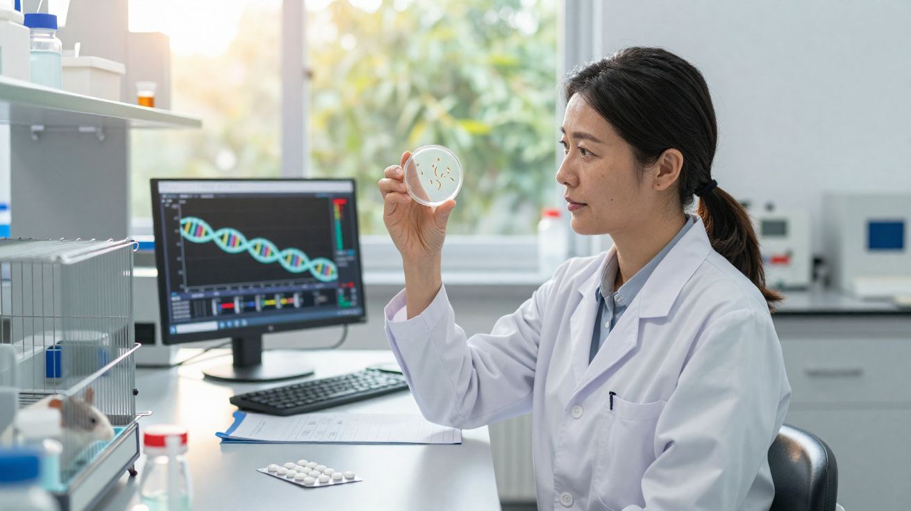 Cientista de bata branca observa placa de Petri em laboratório com computador e rato ao fundo.