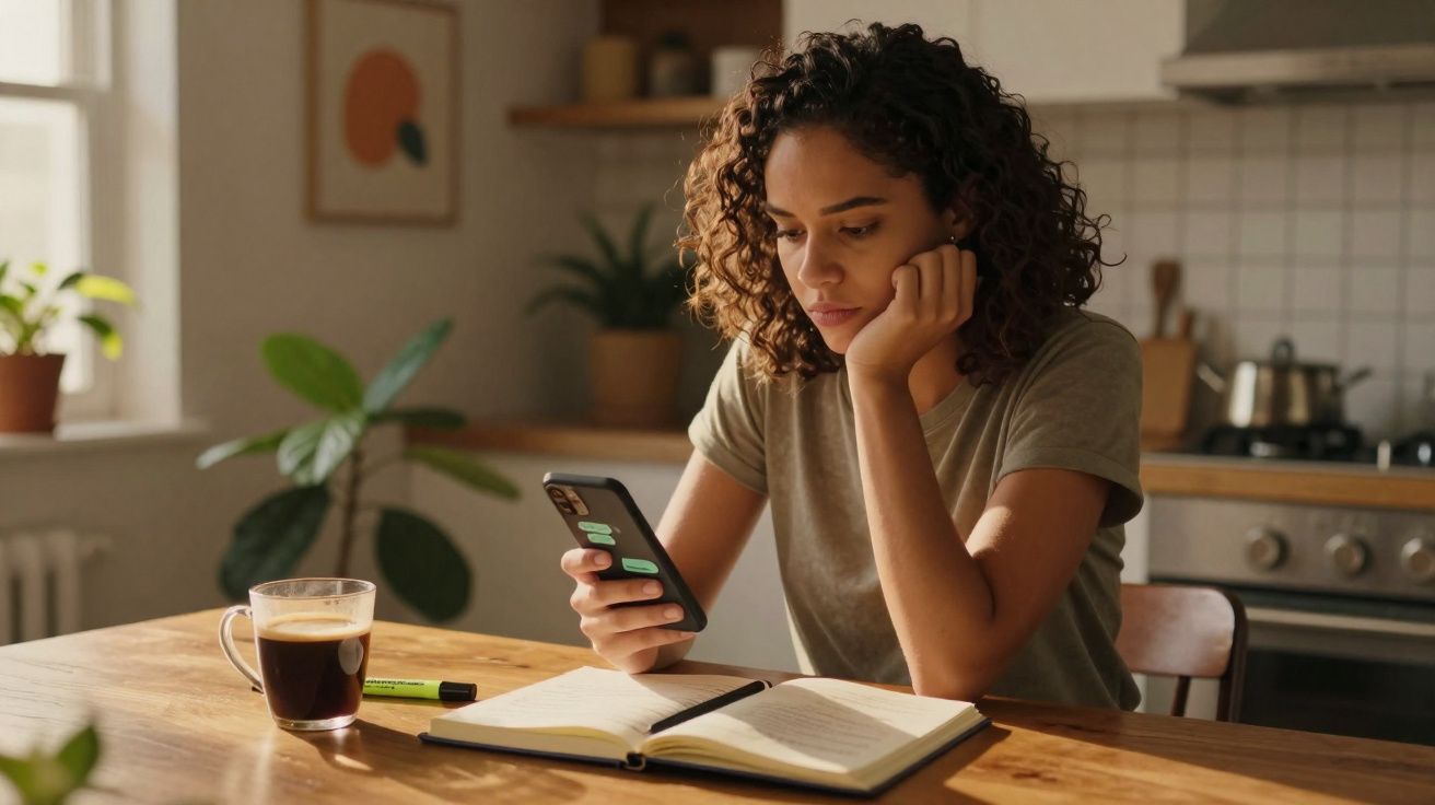 Mulher sentada à mesa com caderno aberto, a olhar para o telemóvel com expressão pensativa numa cozinha.