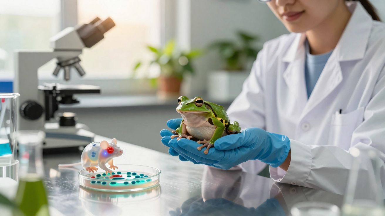 Cientista de bata branca e luvas azuis segurando uma rã verde num laboratório científico.