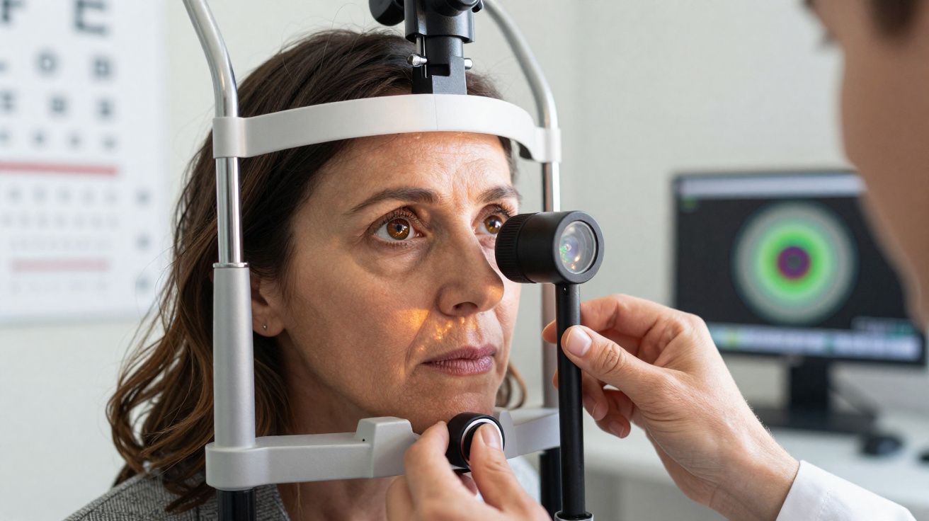 Mulher na consulta oftalmológica a ser examinada com lâmpada de fenda por médico.