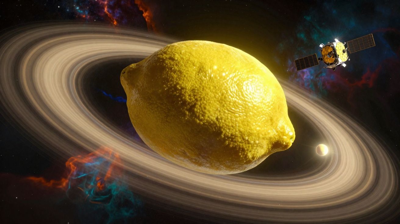 Planeta em forma de limão com anéis e sonda espacial no espaço cósmico colorido.