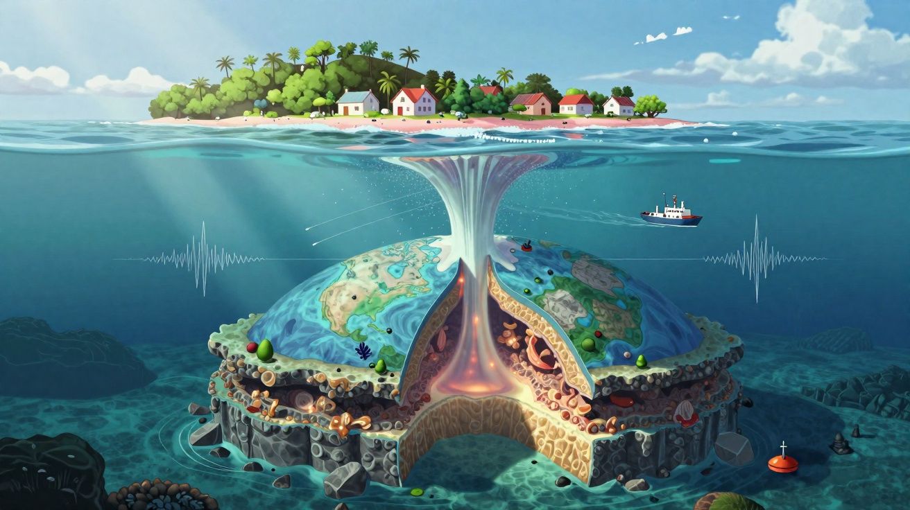 Ilustração mostra ilha com casas sobre uma Terra cortada ao meio, revelando magma no seu interior em erupção.