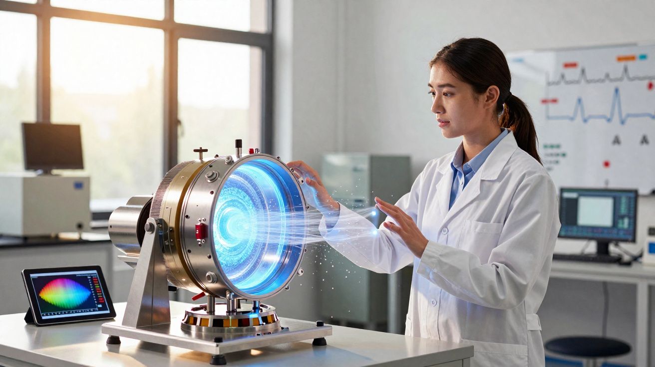 Cientista em laboratório interage com dispositivo futurista emitindo luz azul holográfica.