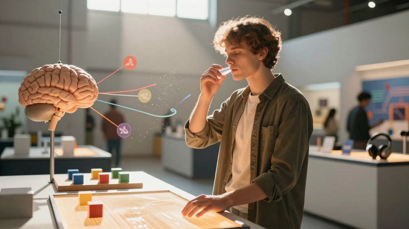 Jovem em museu interativo a usar dispositivo de realidade aumentada para explorar modelo do cérebro humano.