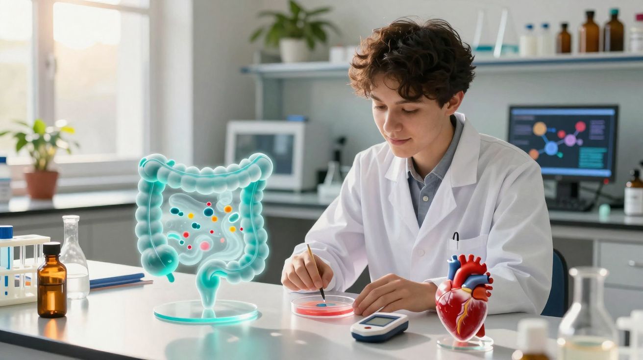 Cientista jovem analisa cultura em placa de Petri com modelos 3D do intestino e coração num laboratório.