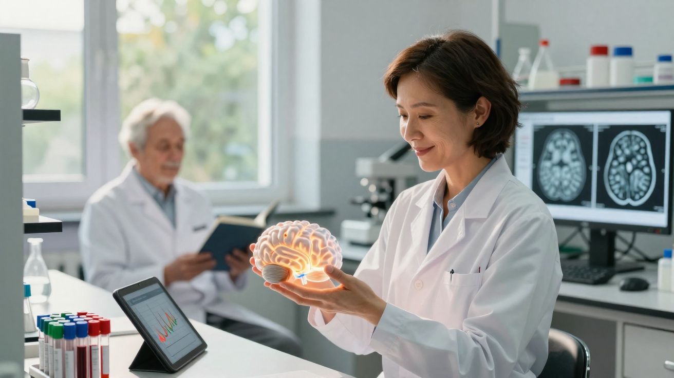 Cientistas em laboratório analisam modelo digital iluminado de cérebro junto a exames e gráficos no computador.