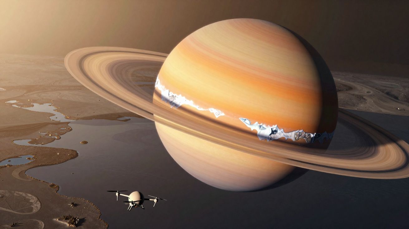 Planeta Saturno com anéis visíveis e drone voando próximo sobre uma superfície escura.