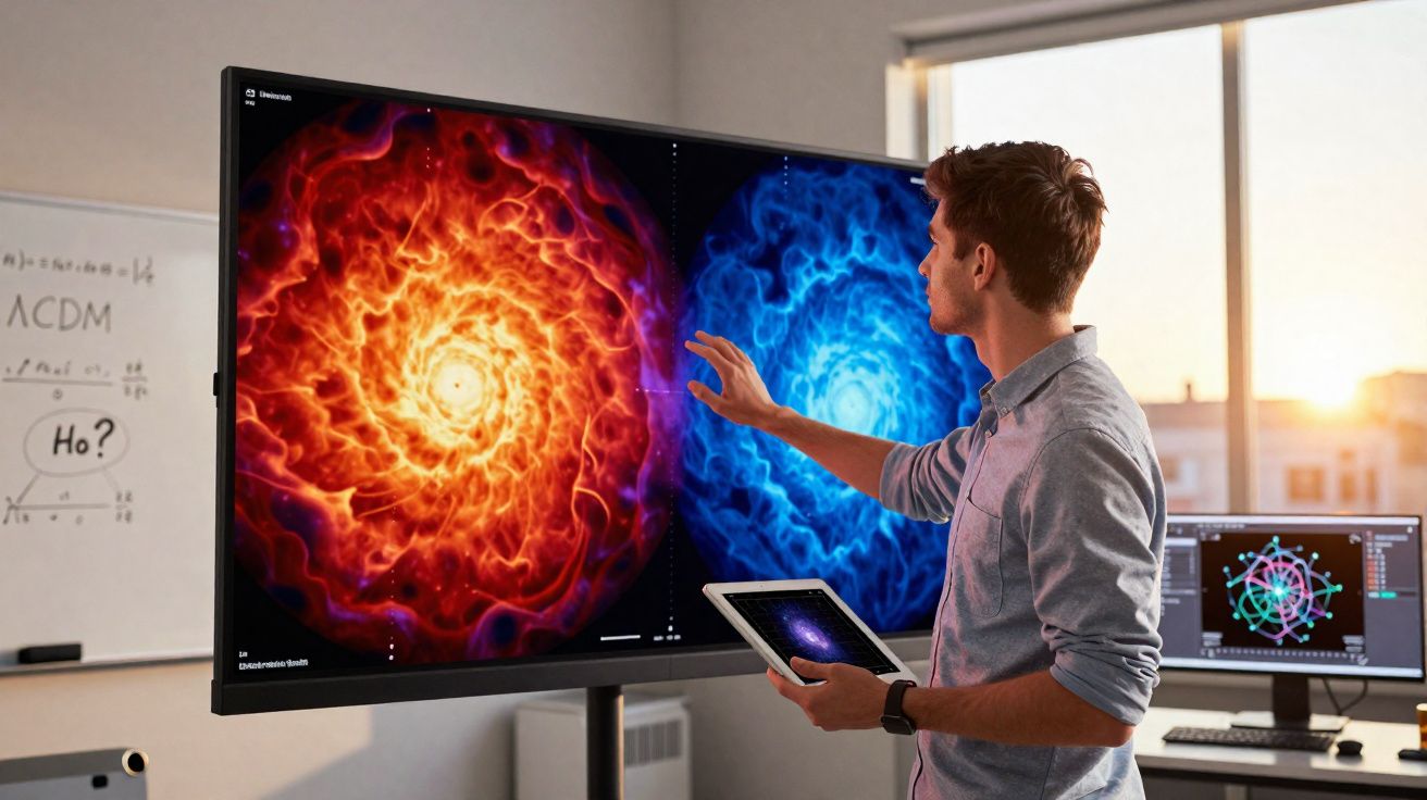 Homem analisa imagens de fenómenos cósmicos coloridos em ecrã grande numa sala de trabalho iluminada pelo pôr do sol.