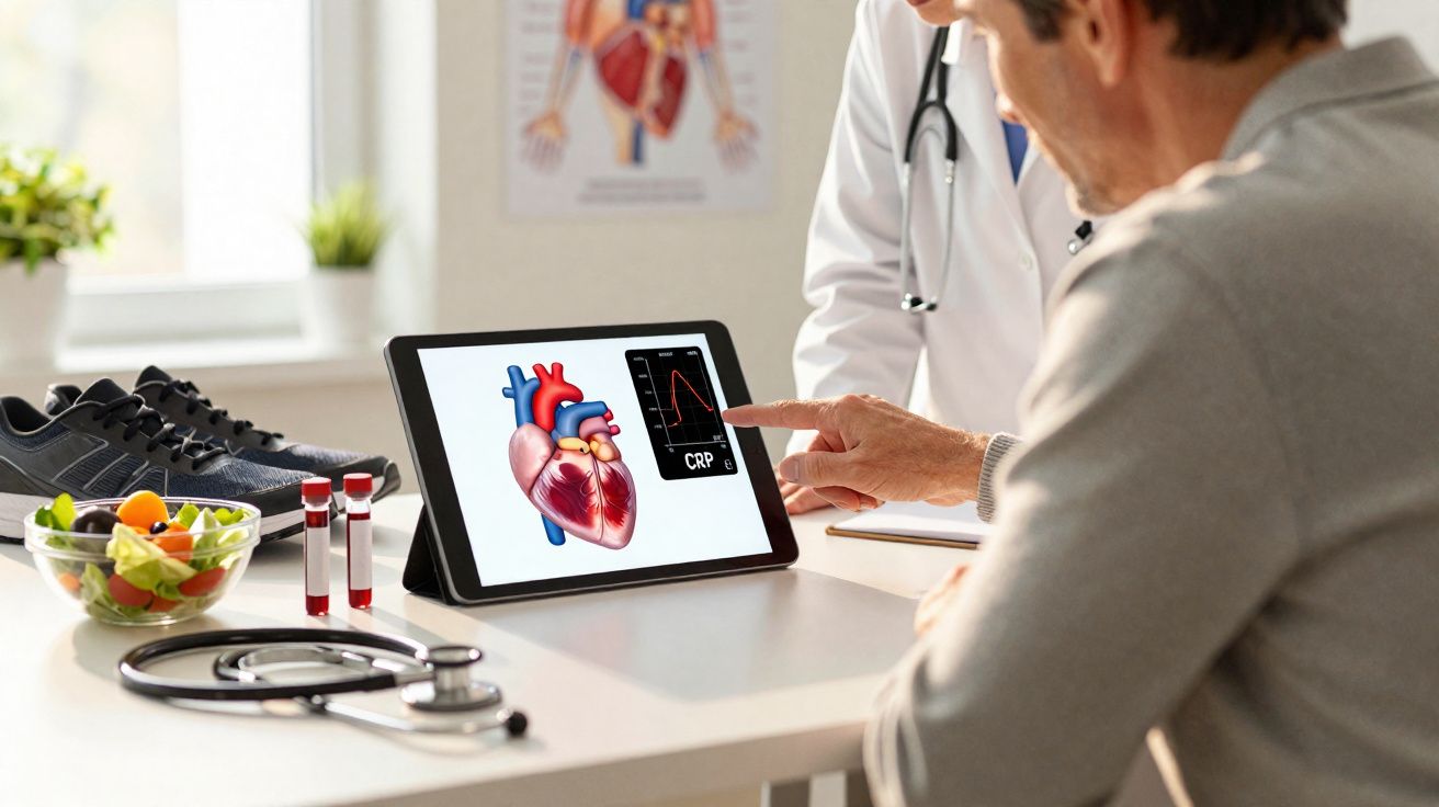 Paciente discute diagnóstico cardíaco com médico usando tablet numa consulta médica.