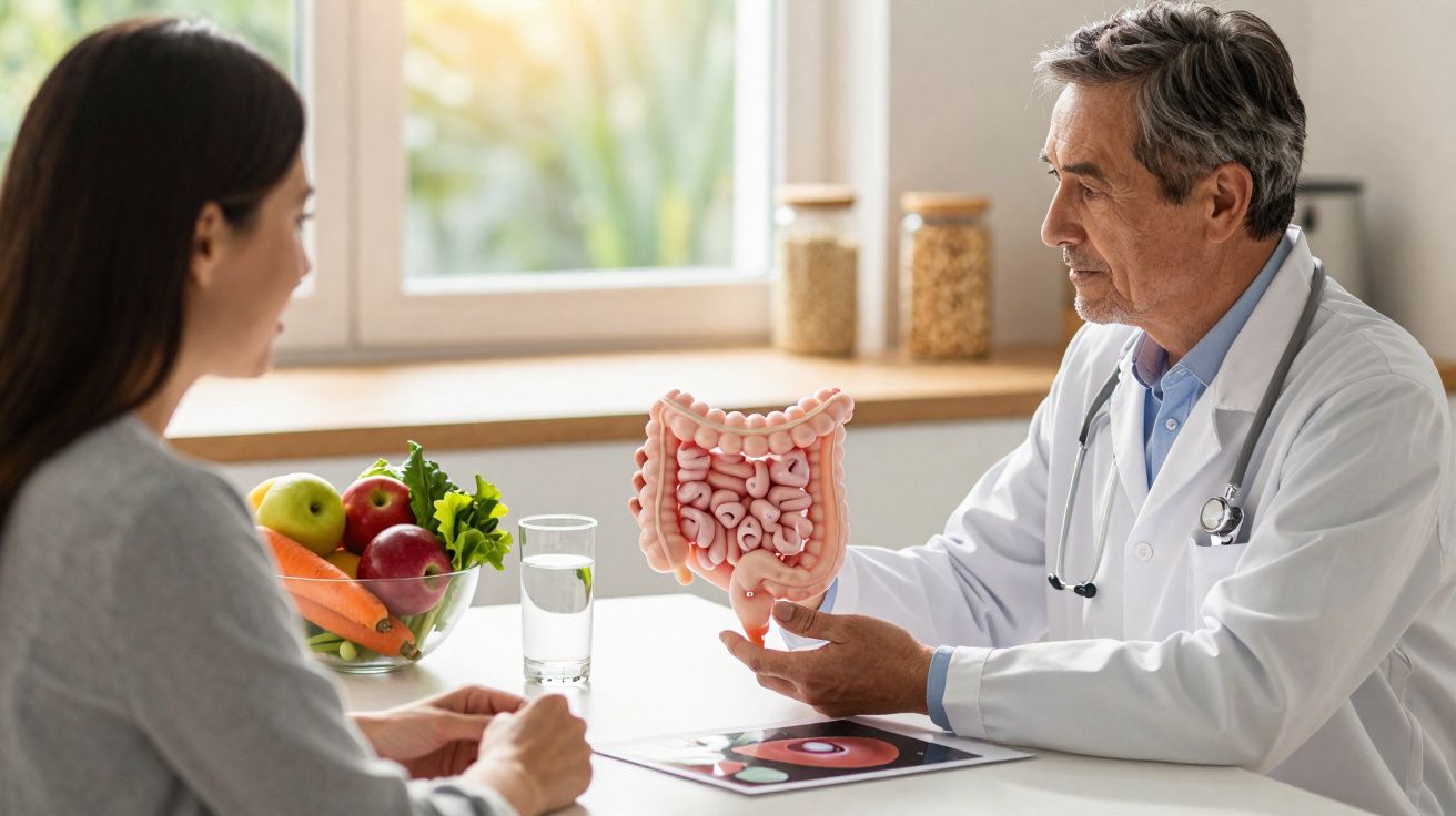 Médico mostra modelo do intestino a paciente durante consulta num consultório iluminado e descontraído.