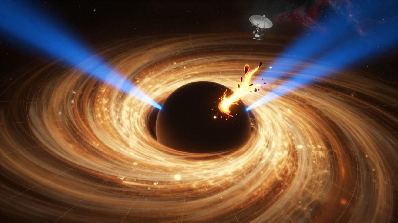 Buraco negro com disco de acreção brilhante, jatos de energia e uma sonda espacial próxima.
