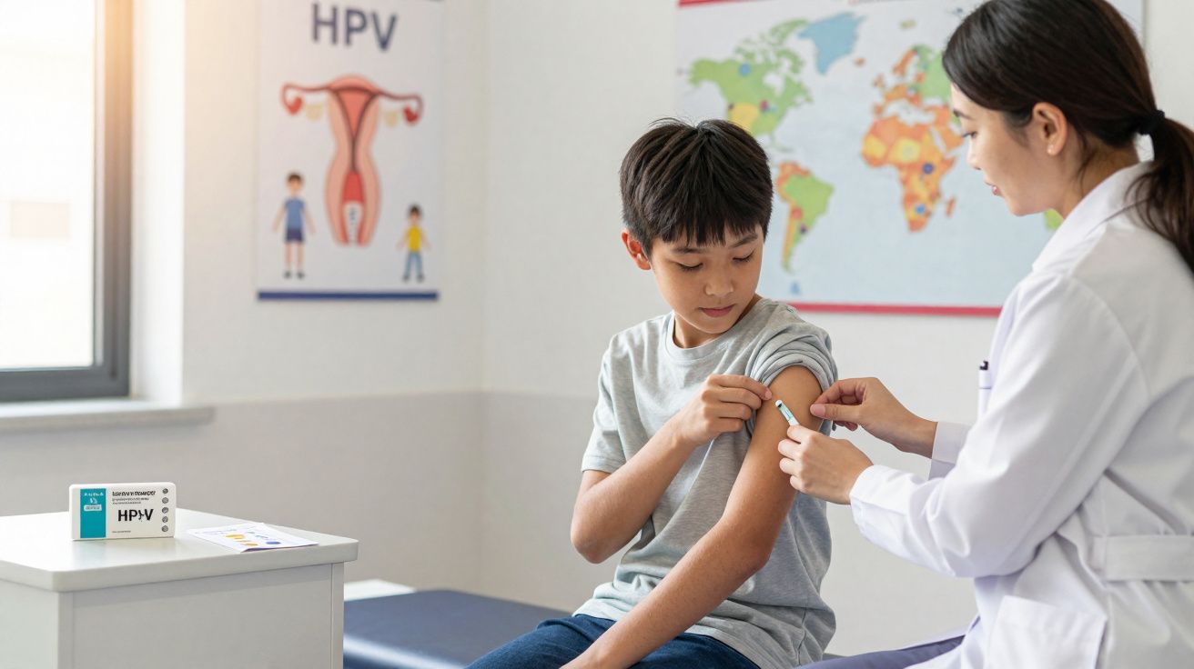 Criança a receber vacina contra HPV no braço, com médica em consultório com cartaz informativo.