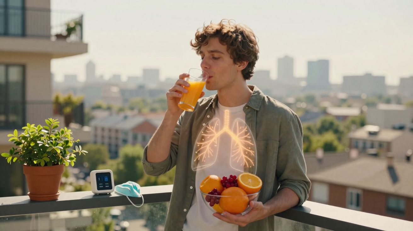 Homem a beber sumo de laranja numa varanda, segurando frutas, com ilustração dos pulmões visível na camisa.