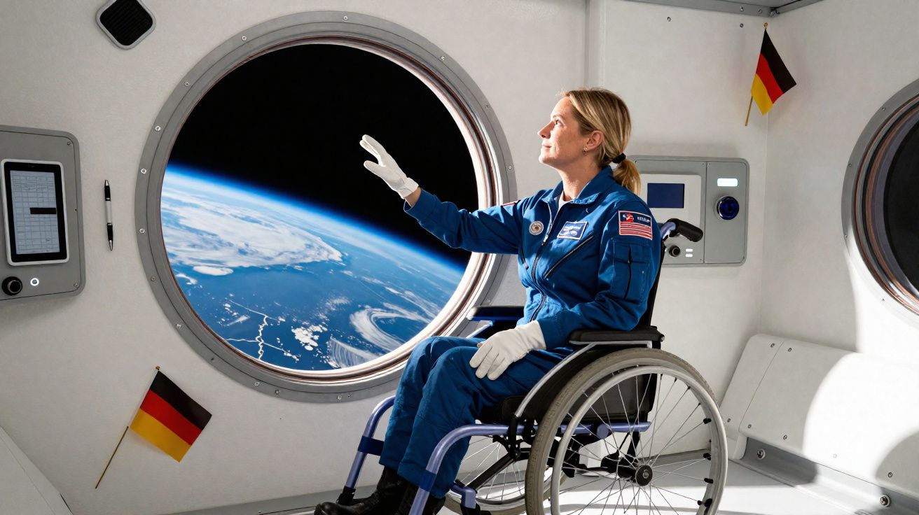 Astronauta em cadeira de rodas acena para a Terra vista por janela circular na estação espacial.