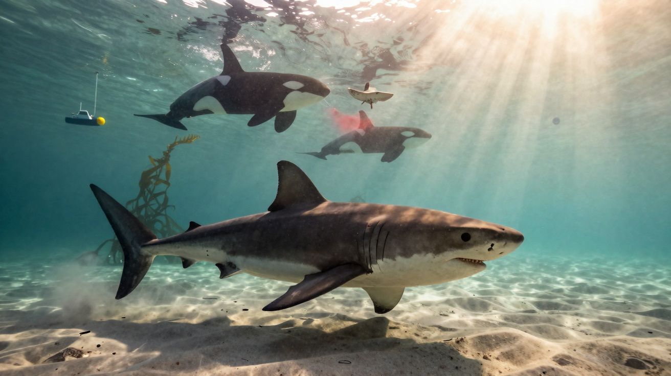 Tubarão branco no fundo do mar com duas orcas nadando próximo à superfície e raios de sol a iluminar a água.