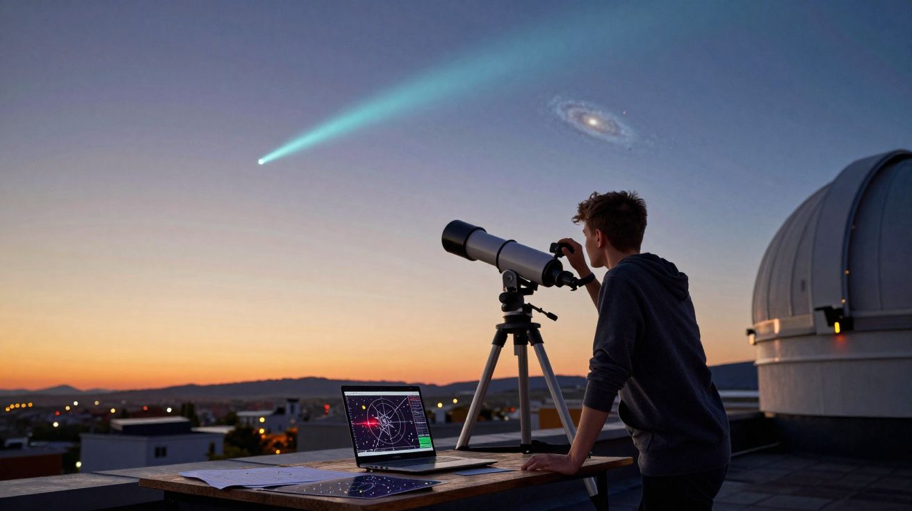 Pessoa observa com telescópio o céu ao pôr do sol, com computador e cúpula de observatório ao fundo.