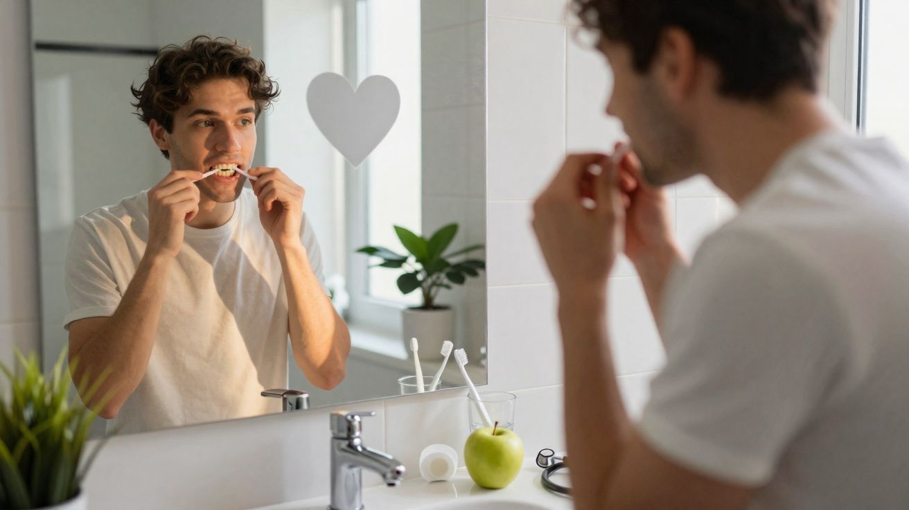 Jovem a passar fio dental na boca em casa, de frente para um espelho no banheiro bem iluminado.