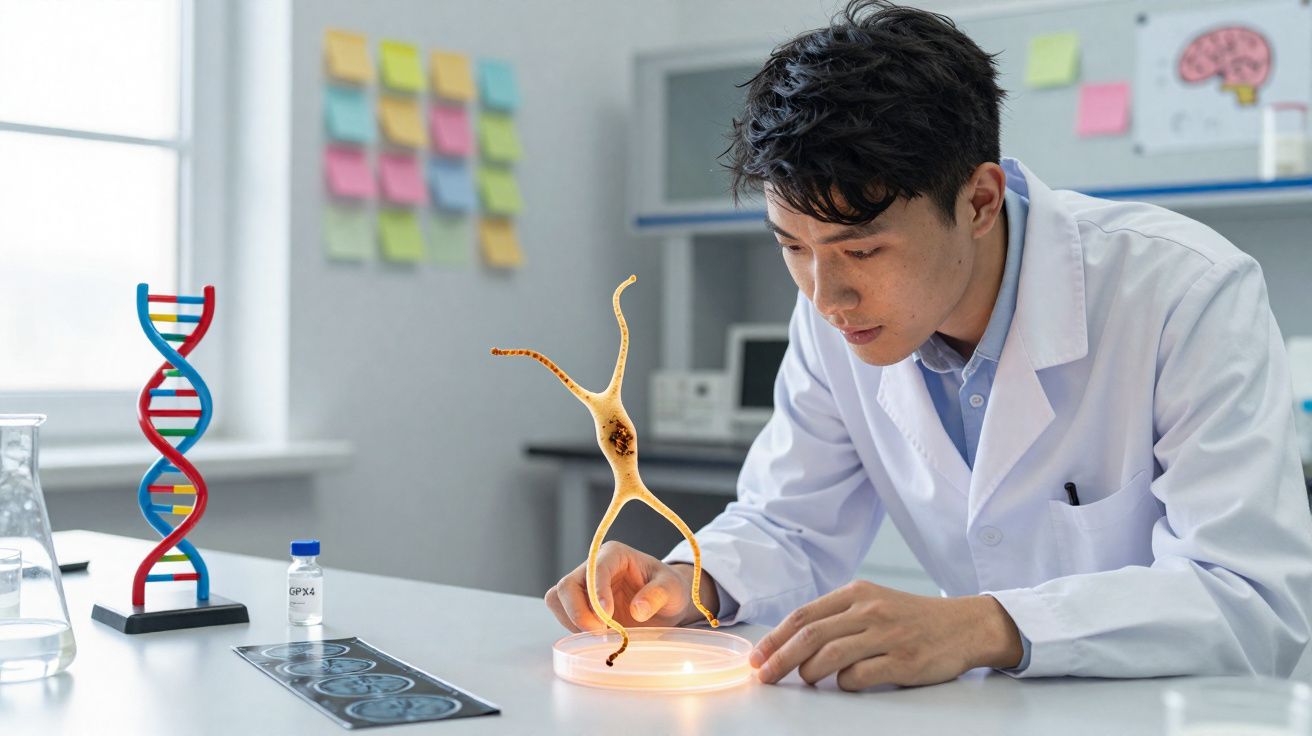 Cientista em laboratório a observar estrutura biológica numa placa de Petri, com modelo de DNA ao lado.