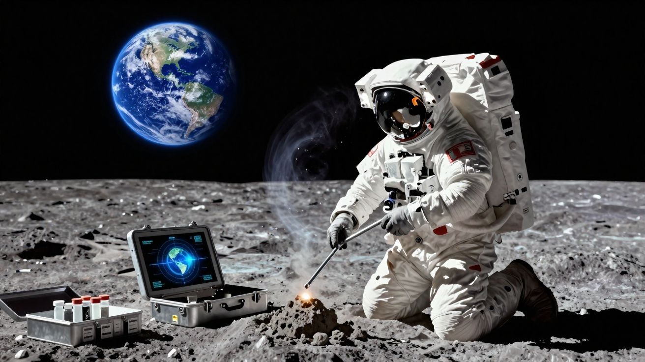 Astronauta em fato espacial analisa amostra lunar com Terra visível ao fundo no espaço.