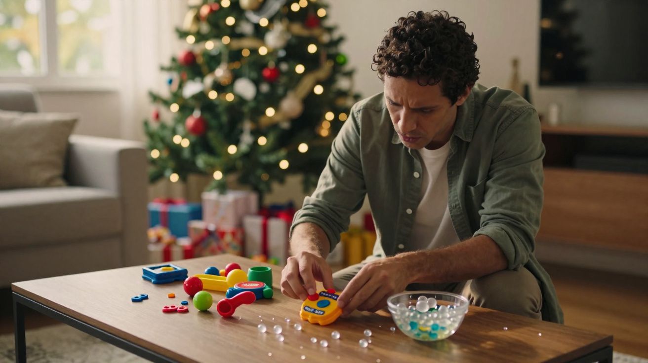 Homem sentado à mesa a montar brinquedo colorido com árvore de Natal e presentes ao fundo.