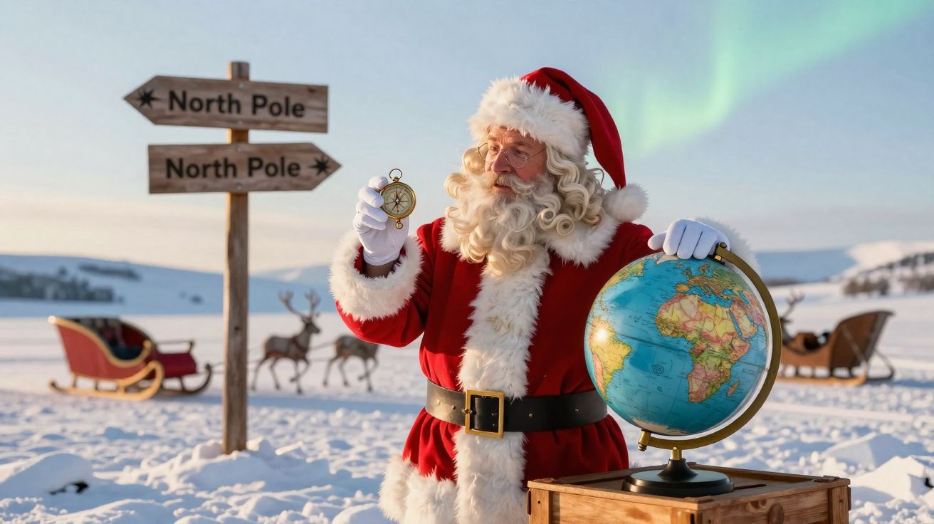 Papai Noel segurando bússola junto a globo terrestre na neve, com rena e trenó ao fundo no Polo Norte.