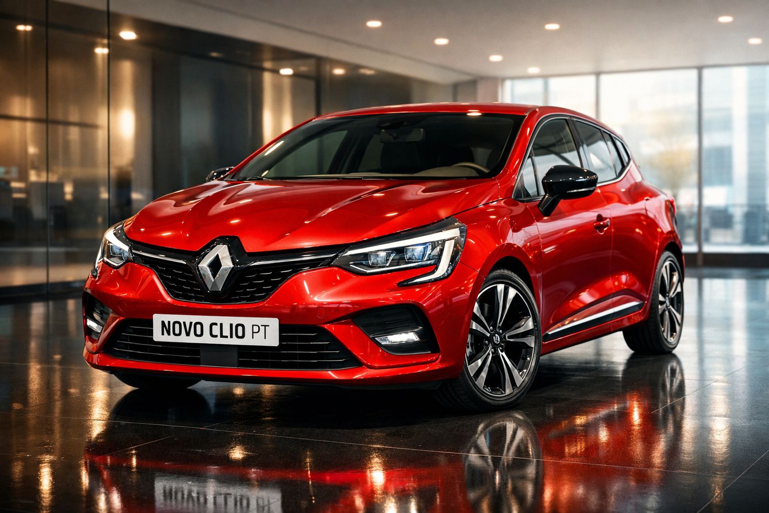 Automóvel Renault Novo Clio vermelho estacionado em interior moderno com piso espelhado.