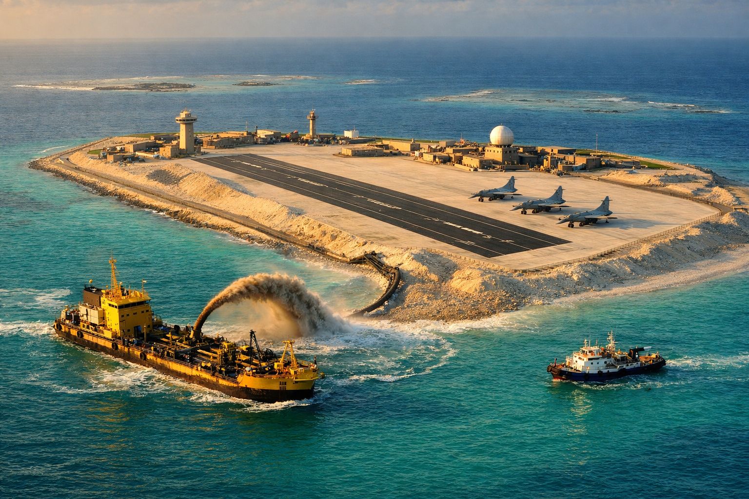 Ilha artificial com pista de aterragem, três aviões militares e dois navios em mar turquesa.