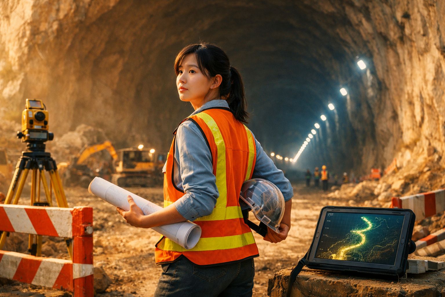 Engenheira de obra com colete refletor e capacete, segurando plantas, dentro de um túnel em construção.