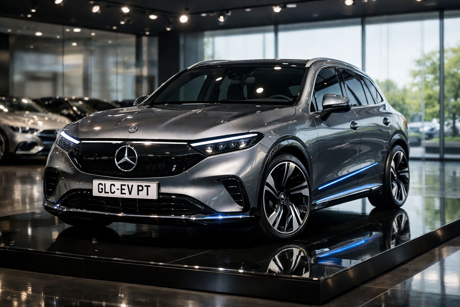 Carro elétrico Mercedes-Benz GLC EV cinza exposto em showroom moderno com piso refletor.