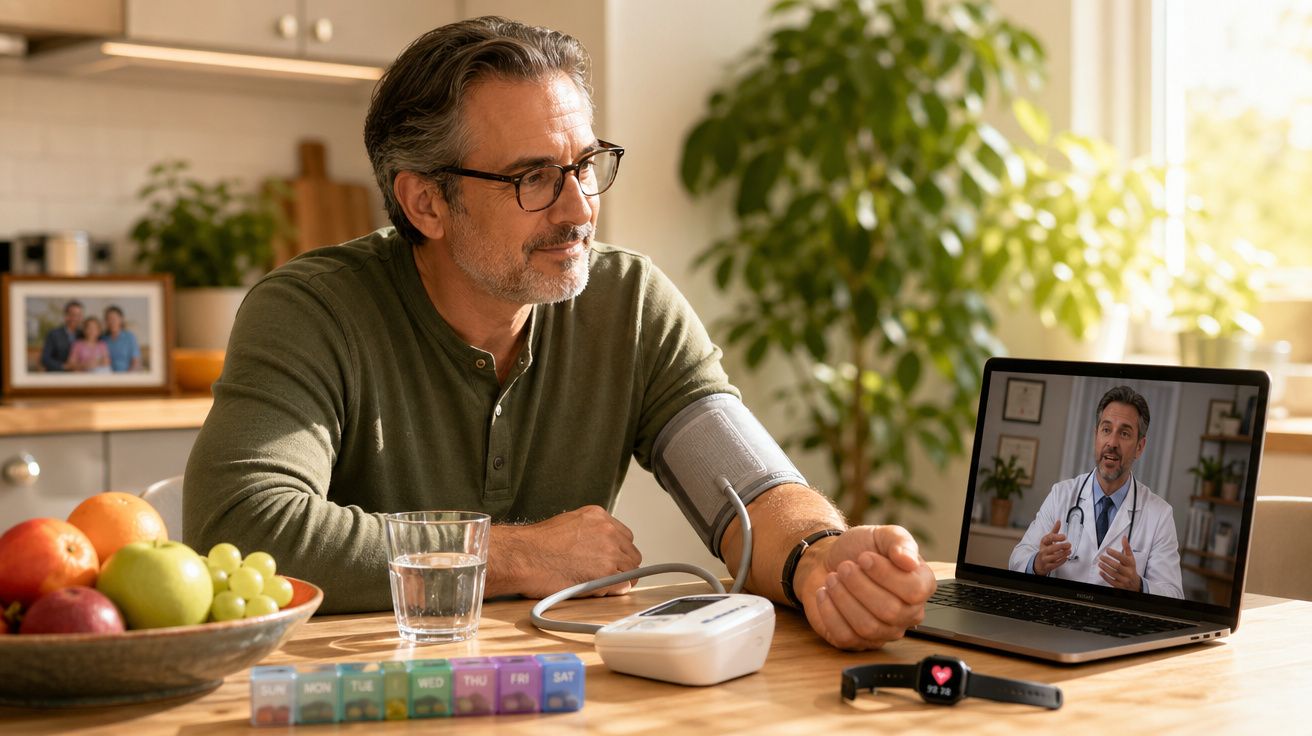 Homem a medir tensão arterial em videochamada com médico, sentado à mesa com fruta e dispositivos de saúde.