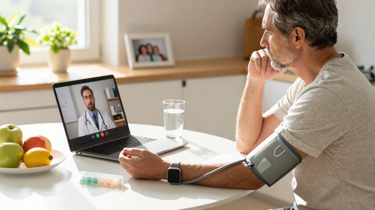 Homem a fazer teleconsulta médica enquanto mede a pressão arterial em casa, com laptop à frente.