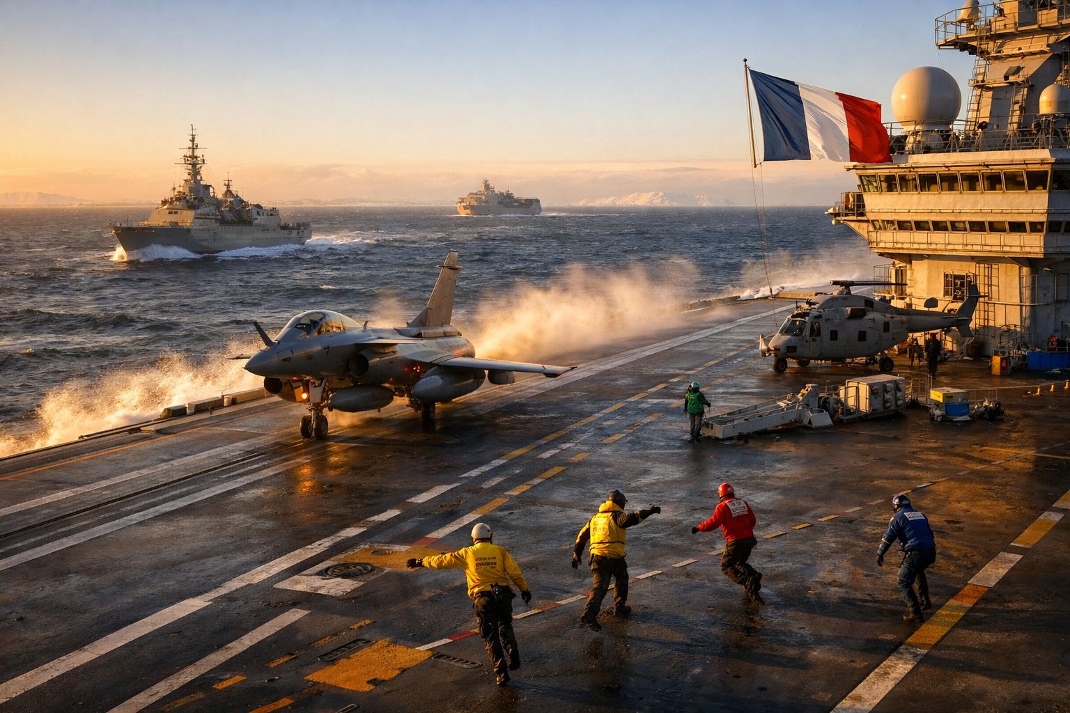 Porta-aviões com avião de caça a descolar, helicóptero e tripulação no convés ao pôr do sol, bandeira francesa visível.