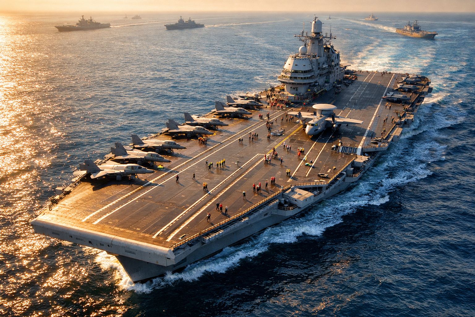 Porta-aviões em mar aberto ao pôr do sol com vários jatos de combate e tripulação no convés.